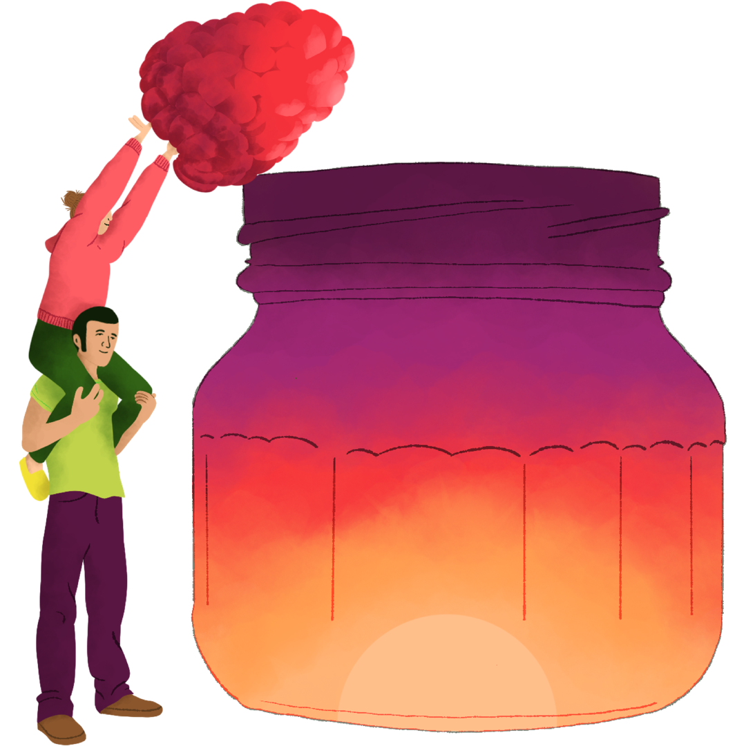 Illustration depicting a person sitting on the shoulders of another person as they hold up a giant raspberry to put into a super-sized jar.