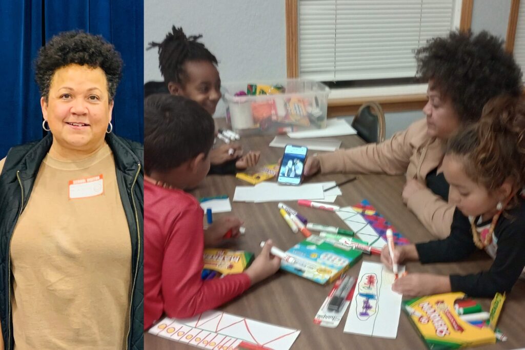 A person with curly dark brown hair sitting at a table with three young children as they use markers to draw colorful shapes on paper, next to another photo of the same person, with shorter hair, smiling for the camera.