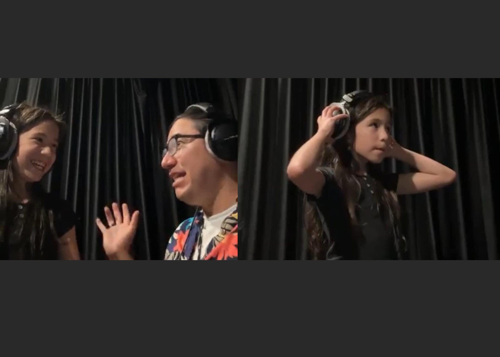 Two photos side by side; one showing a young person with headphones looking and smiling at an adult next to them also wearing headphones. The other photo shows the same young person with their arms raised as they hold headphones on their head.