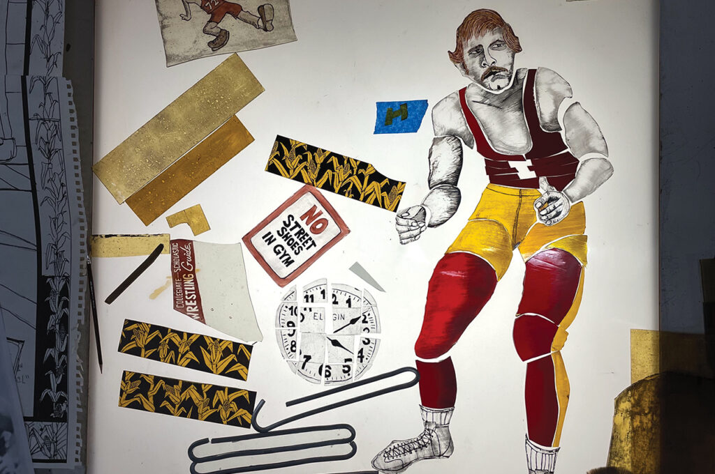 A collage of scraps of paper and a hand-drawn wrestler figure on a white back drop. In addition to the wrestler, there is a hand-drawn sign that reads "No Street Shoes in Gym," a clock, and golden strips of paper.