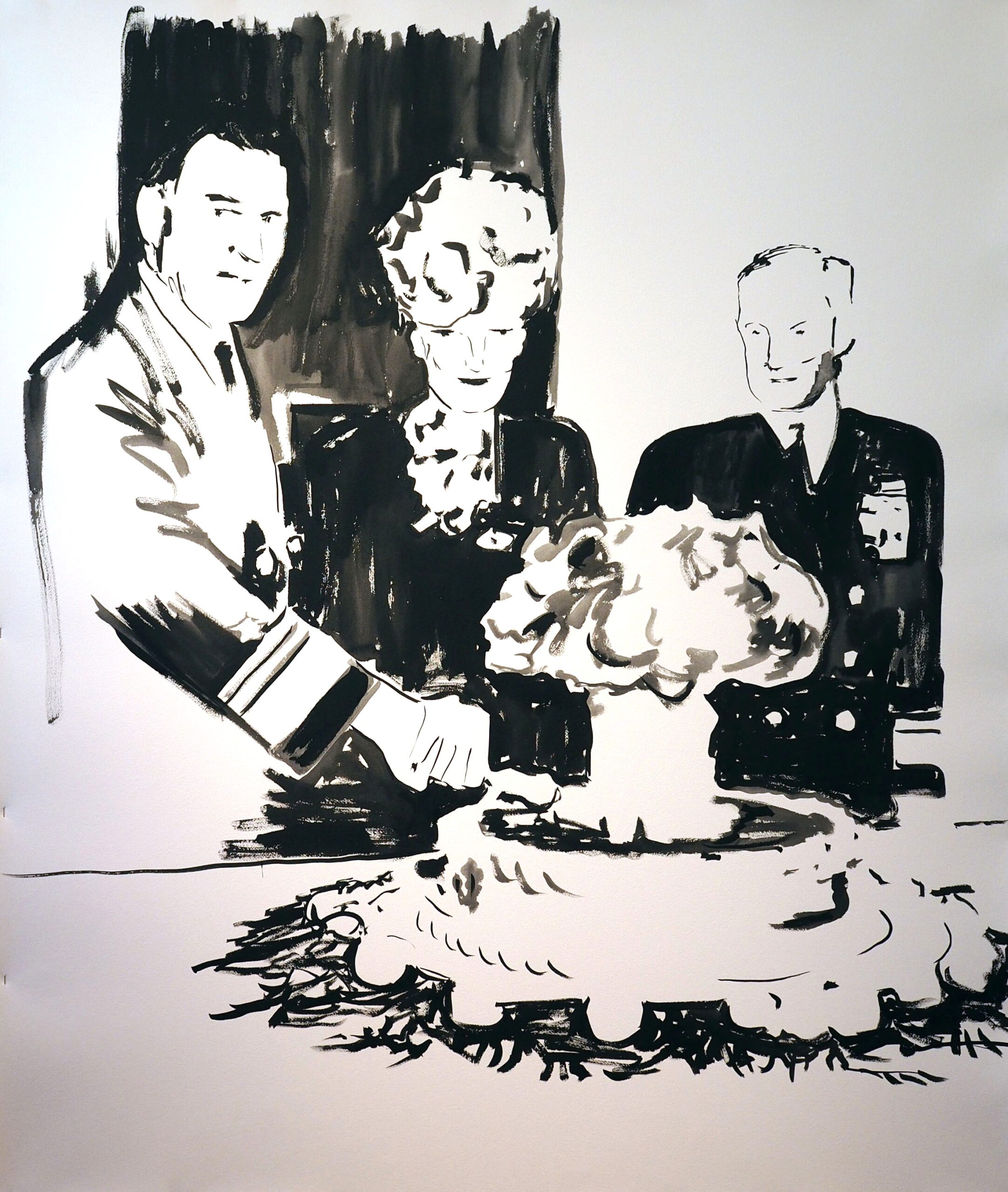 An ink painting portraying three people cutting a cake symbolizing the atom bomb