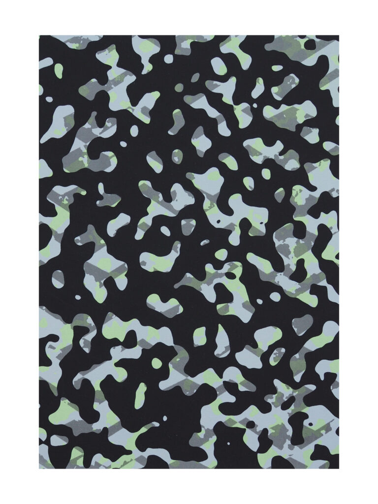 An art piece with black, gray, and green shapes.