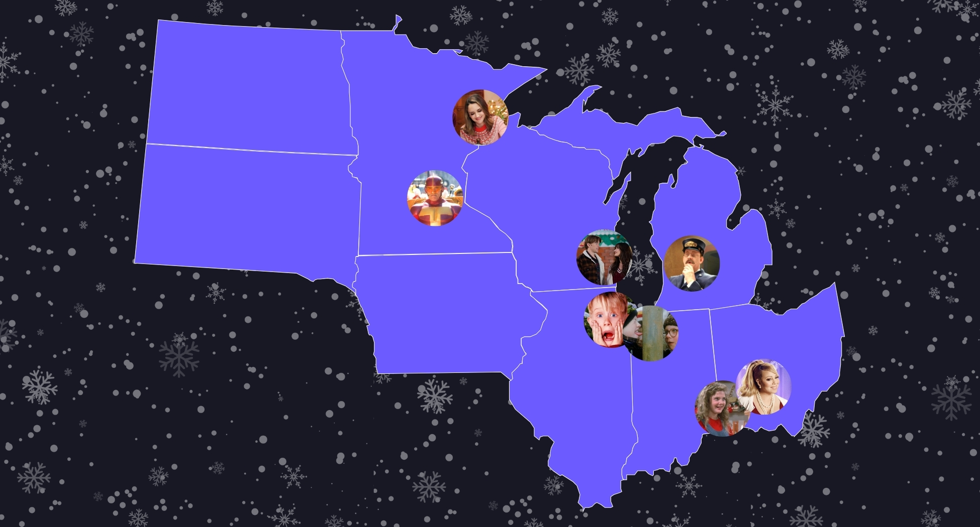 A map showing where in the Midwest various holiday movies take place.