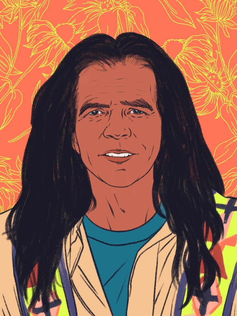 An illustration of a man with medium skin tone and long dark hair.