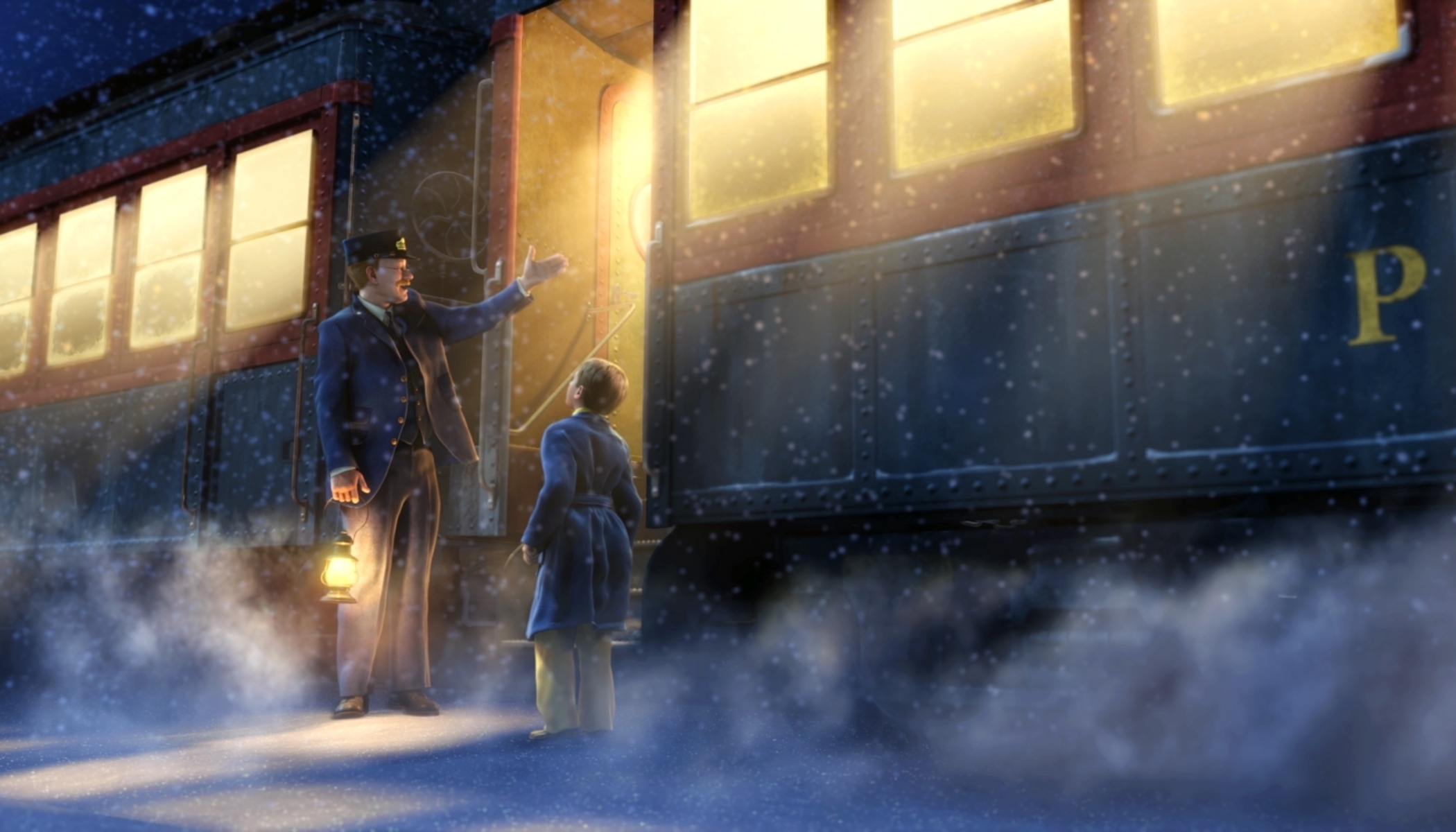 A screengrab from the film The Polar Express, of a child in a blue robe speaking top a conductor outside of a large train.