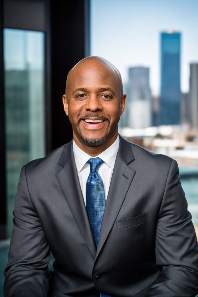 Headshot of bald man with medium dark skin tone in a suit and tie smiling