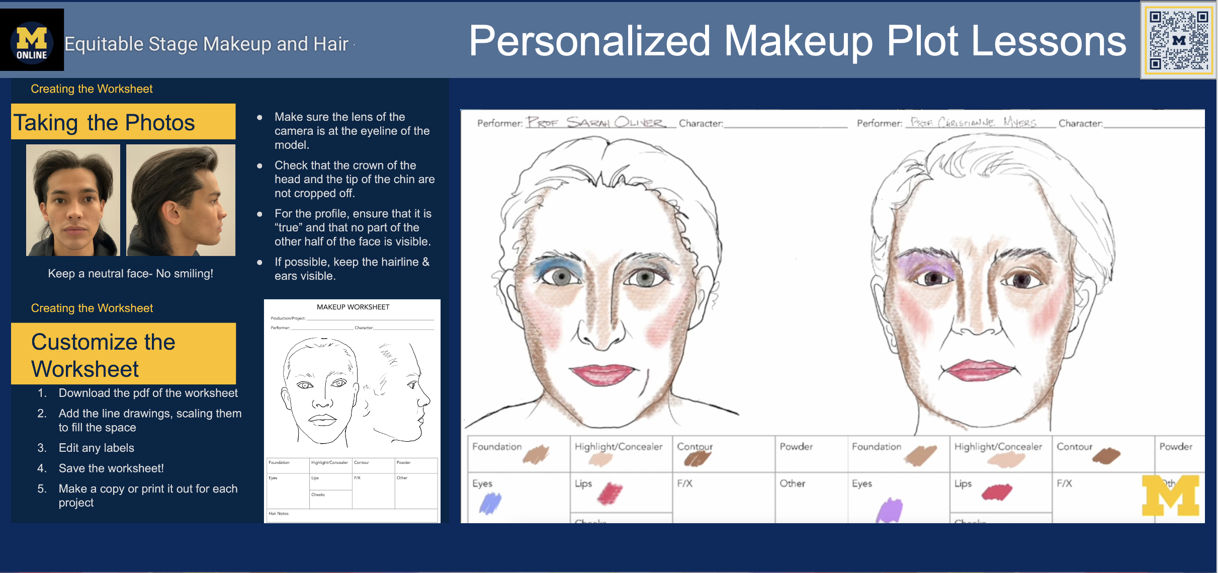 A screenshot of a makeup course depicting a face and makeup lines.