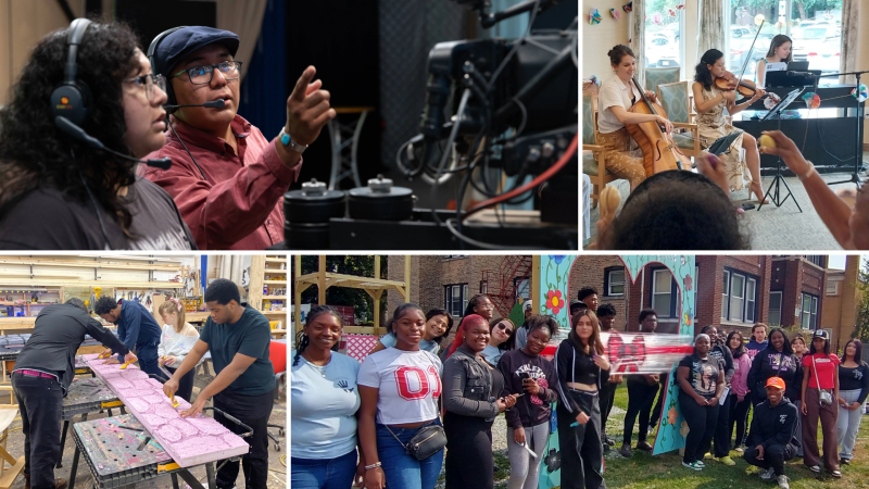 A collage of images featuring engaged arts participants.