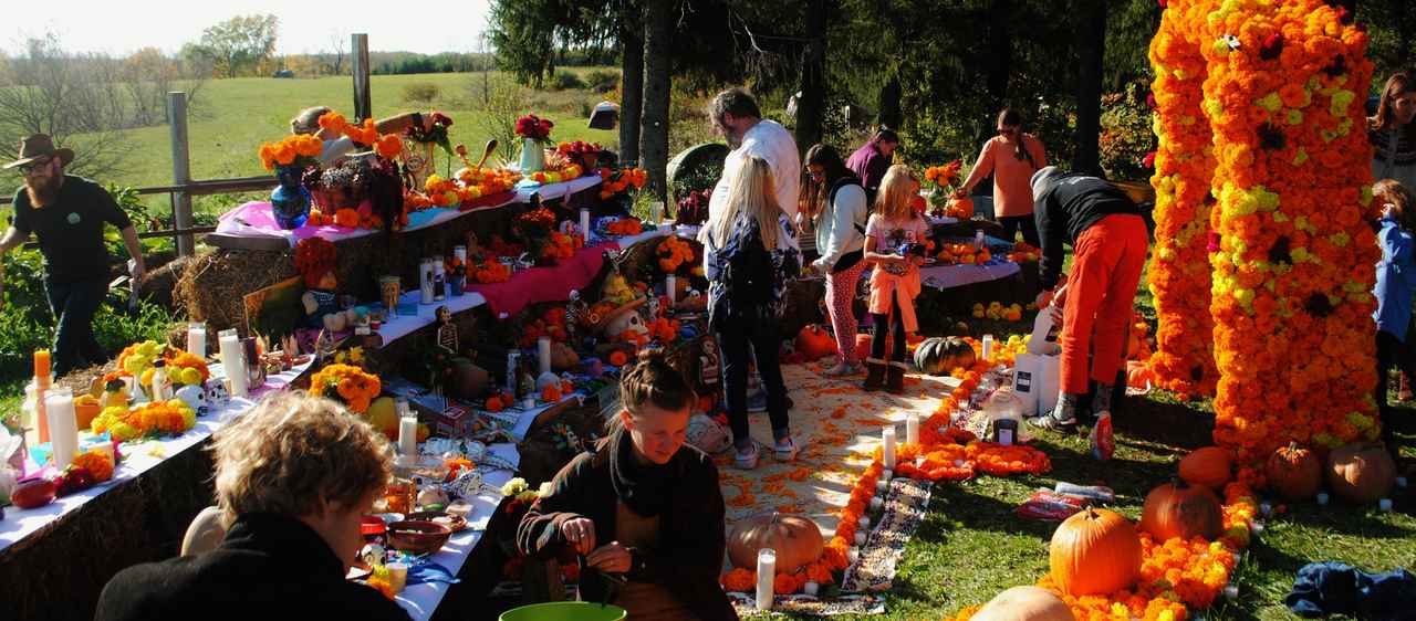 Adults and children stand outdoors looking and interacting with a installation made of orange marigold flowers, candles, and pumpkins.