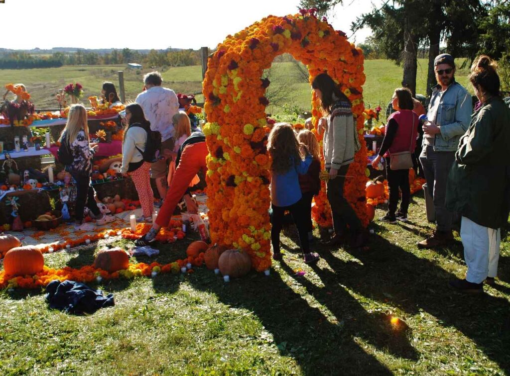 Adults and children stand outdoors looking and interacting with a installation made of orange marigold flowers, candles, and pumpkins.