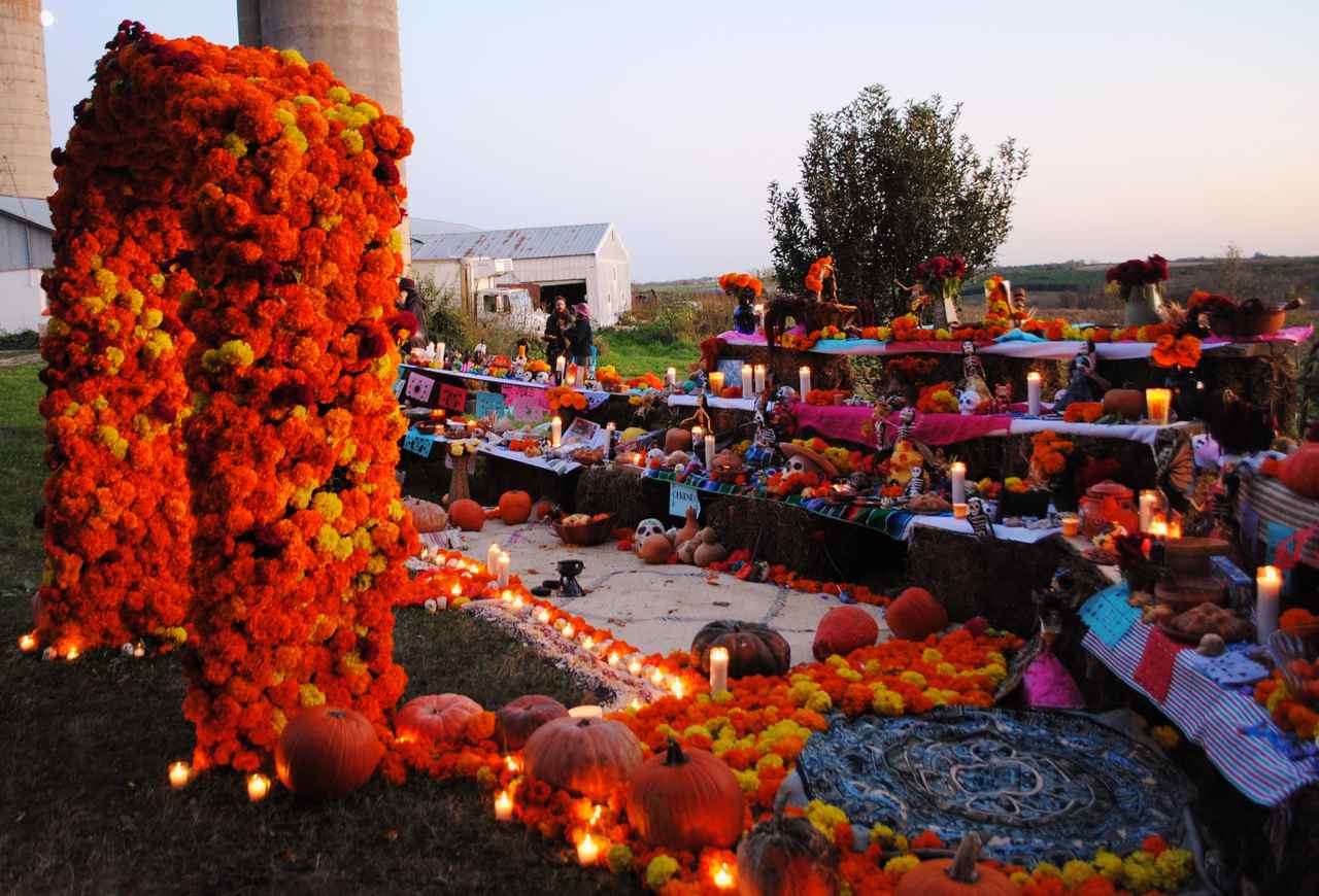 An outdoor installation made of orange marigold flowers, candles, and pumpkins.