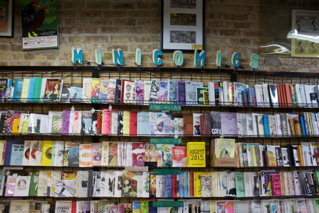 Countless zines on large bookshelves in a store.