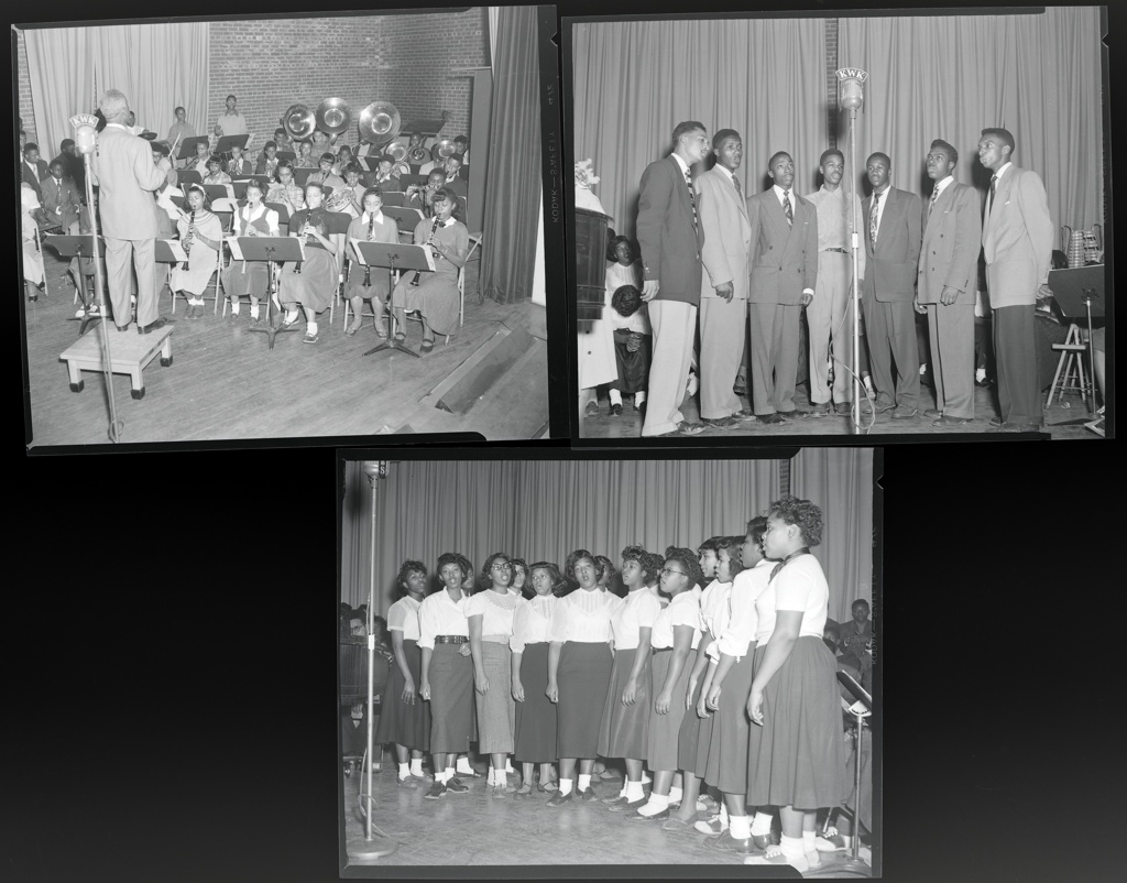 A collection of three black and white archival photographs showing various groups of people performing on stage.