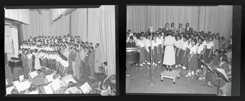 Two black and white archival photographs of a large group of people on stage.