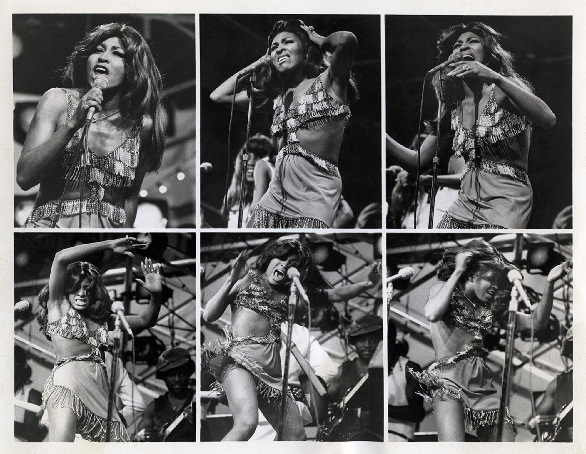 A collage of six black and white archival photo with a person with long hair wearing a dress with fringe on stage. They are dancing and singing.