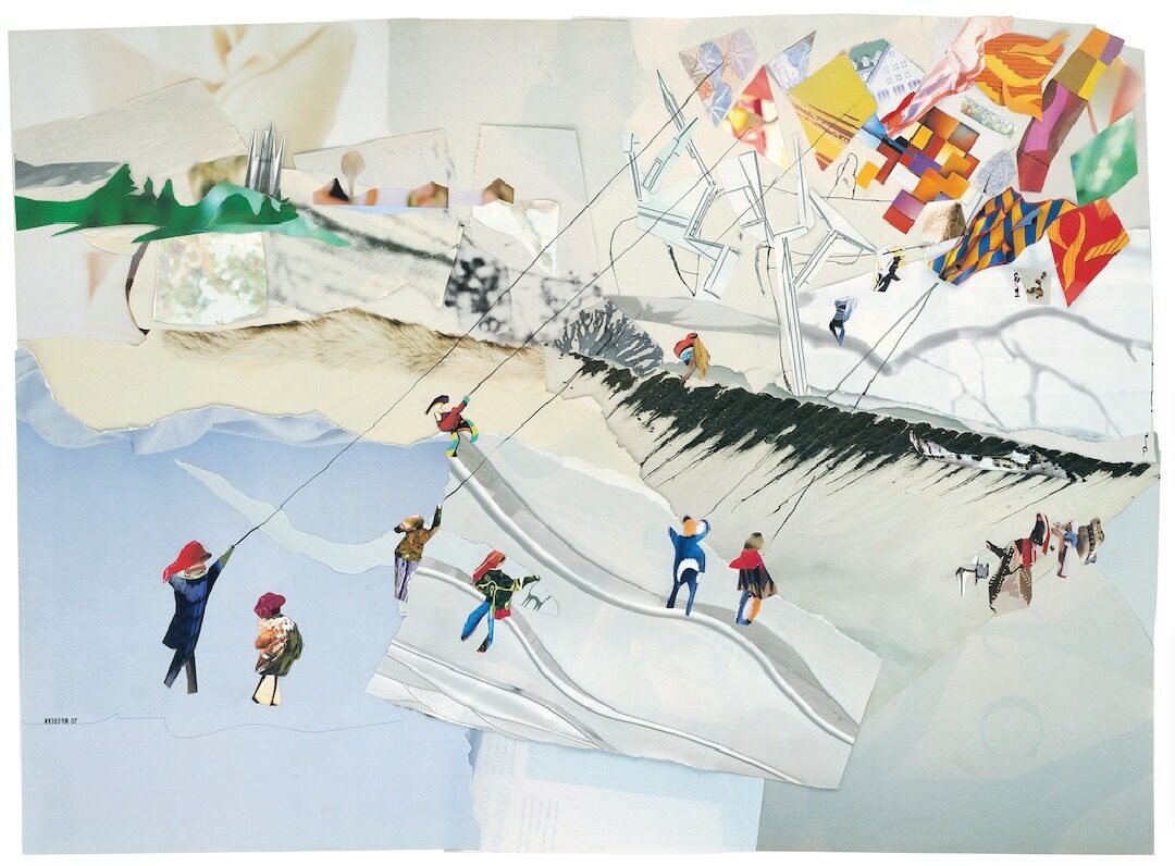 An art piece featuring a collage of people standing on ice flying multicolored kites.