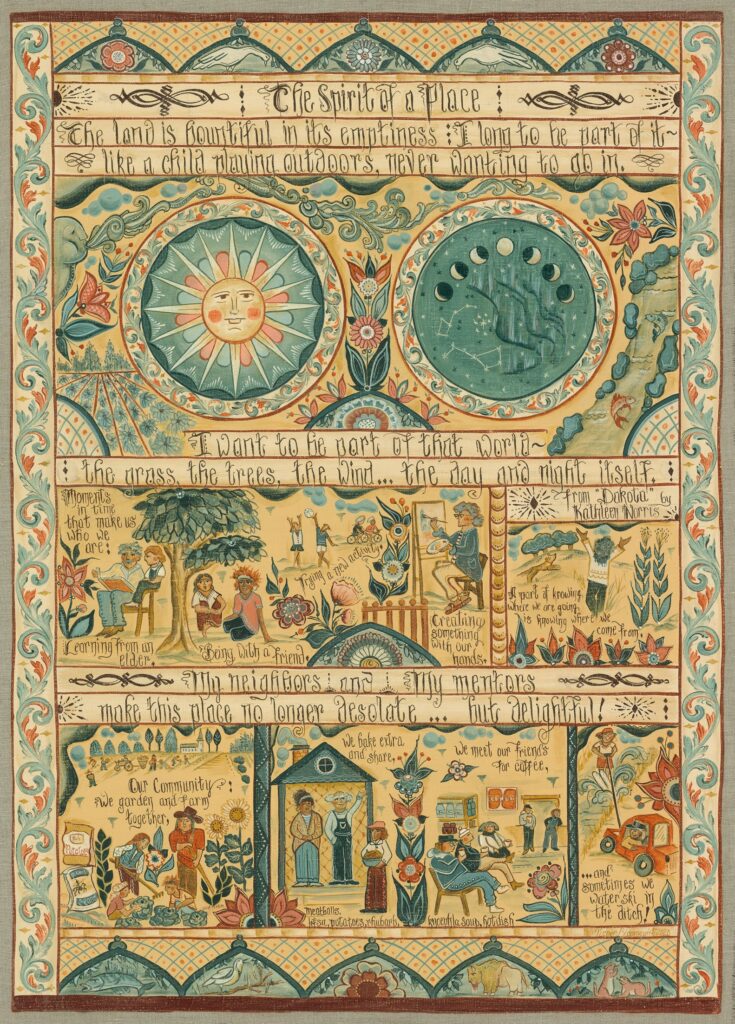 A linen painting featuring sun and moon illustrations, floral ornamentation, and several community scenes.