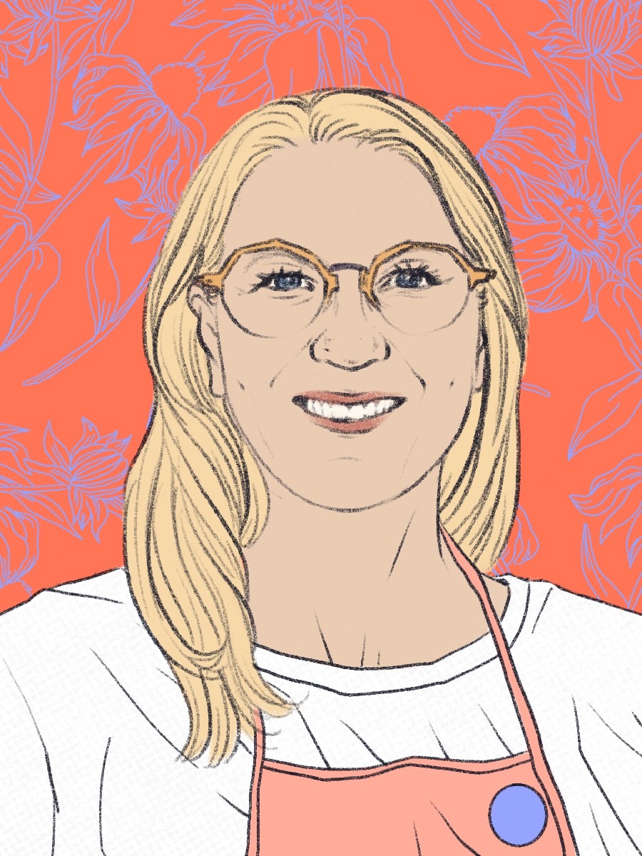 An illustration of a person of light skin tone and blonde hair wearing a white t-shirt and coral apron and glasses.