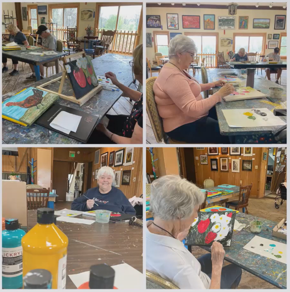 Four square images show senior adults working on crafts at tables.