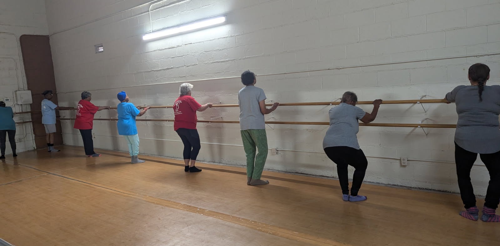 A line of adults face a bar against a white wall and stand or squat.