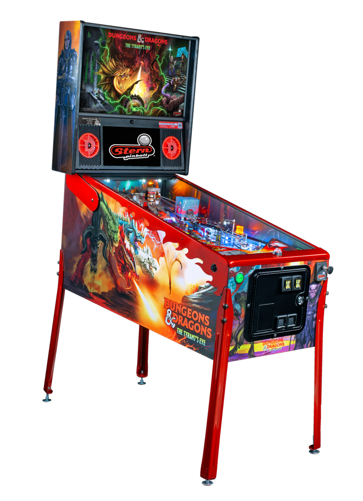 Full side view of Stern’s Dungeons & Dragons: The Tyrant’s Eye pinball machine. The red cabinet features fire-breathing dragons and fantasy warriors, with illuminated playfield and backglass art.