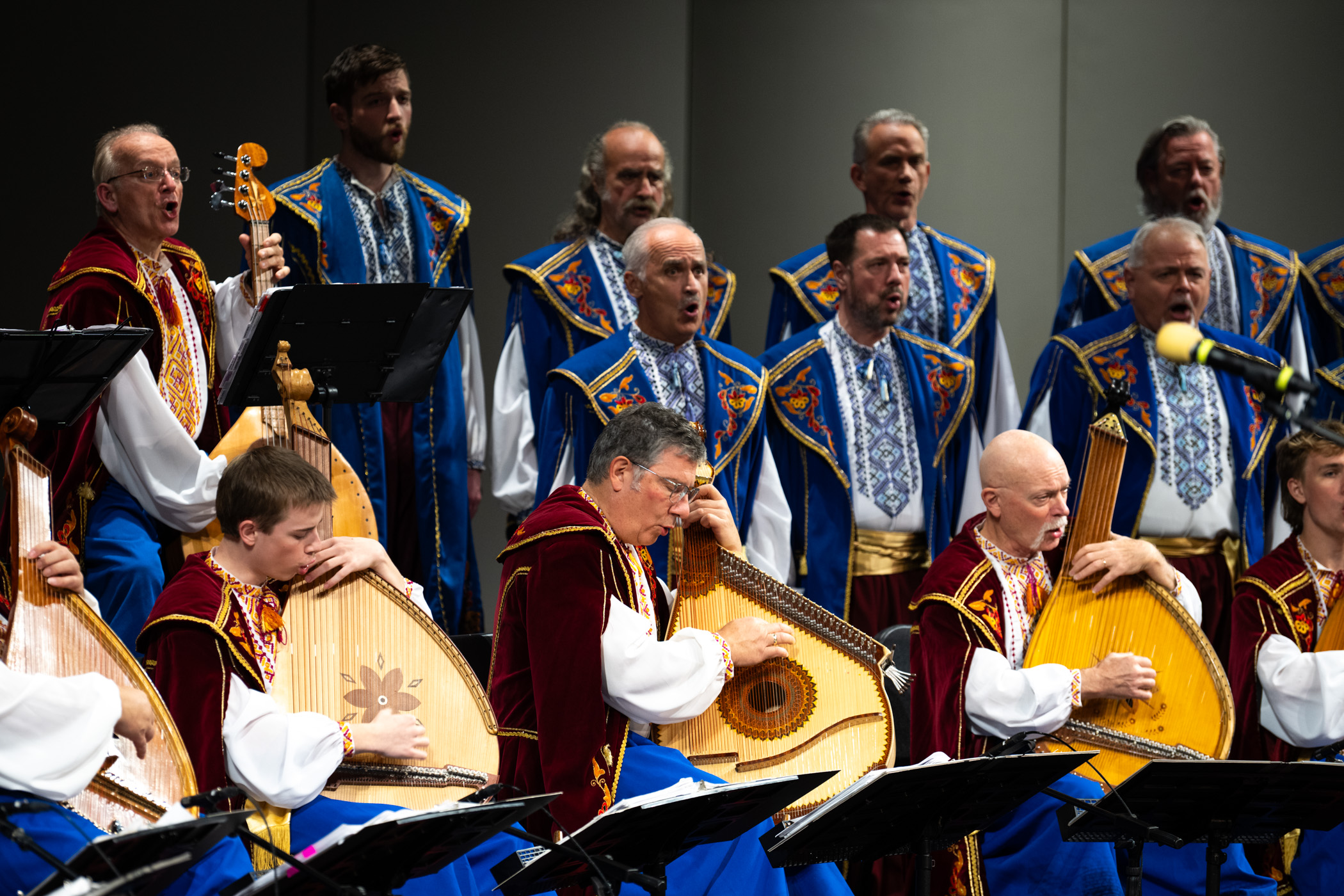 Men in traditional wear sit and stand on a stage with stringed instruments in the front row.