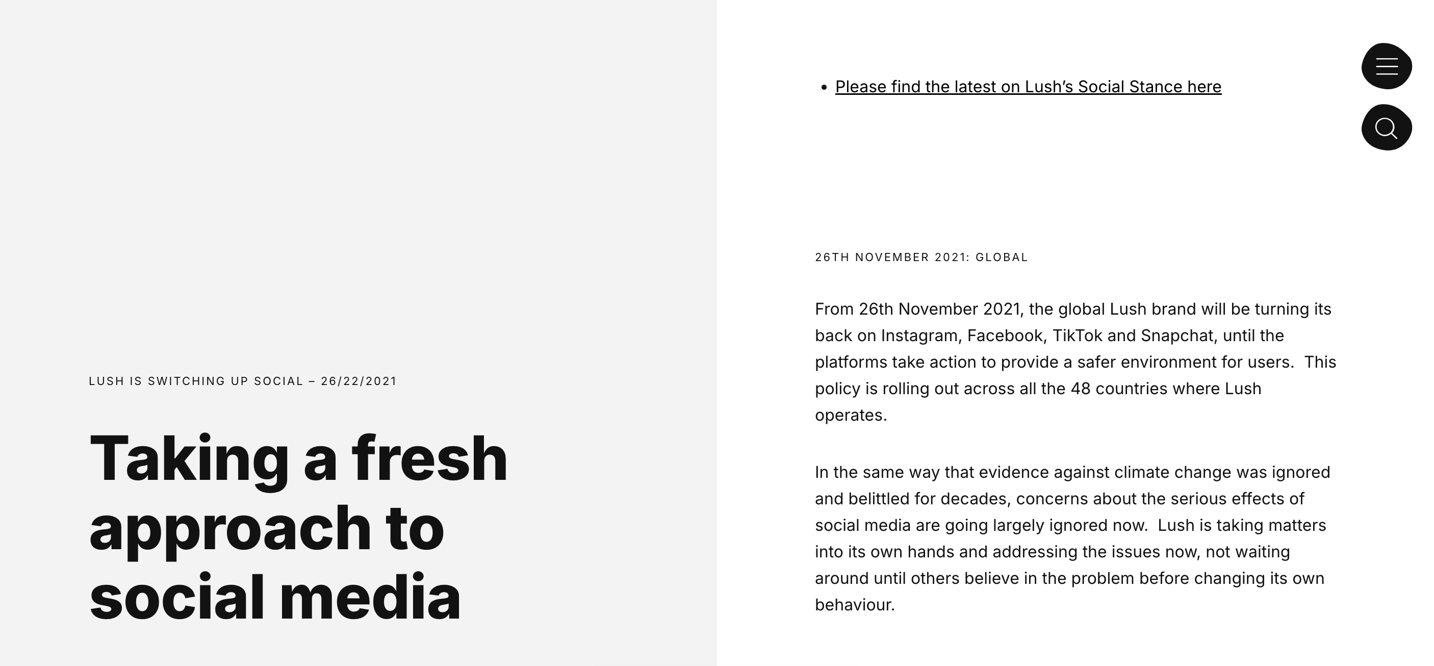 A screenshot from Lush’s website dated November 26, 2021, announcing the brand’s decision to leave Instagram, Facebook, TikTok, and Snapchat. The headline reads “Taking a fresh approach to social media.”