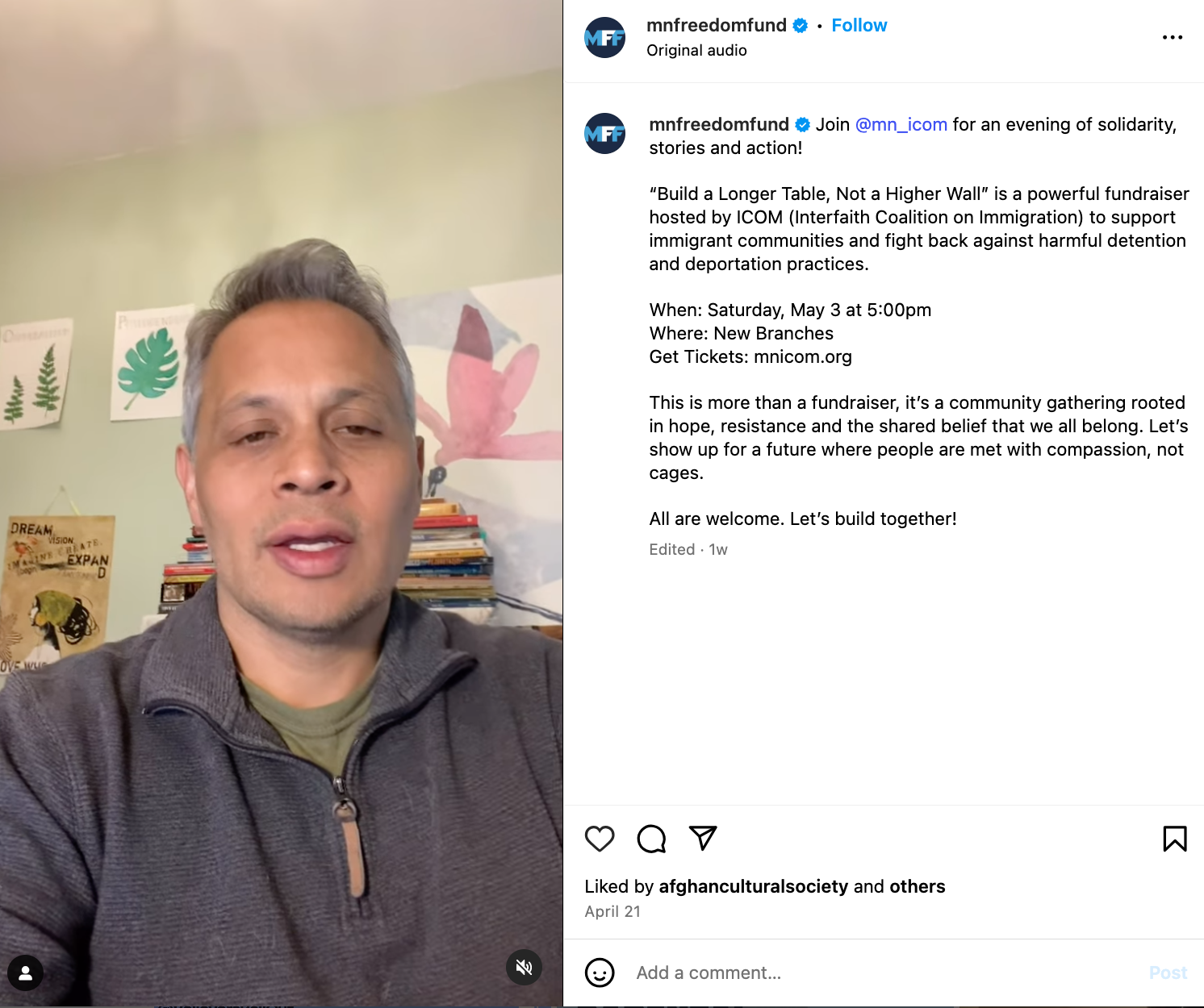 An Instagram video screenshot of a man with short gray hair speaking to the camera, shared by the Minnesota Freedom Fund. The Instagram caption promotes an event titled “Build a Longer Table, Not a Higher Wall."