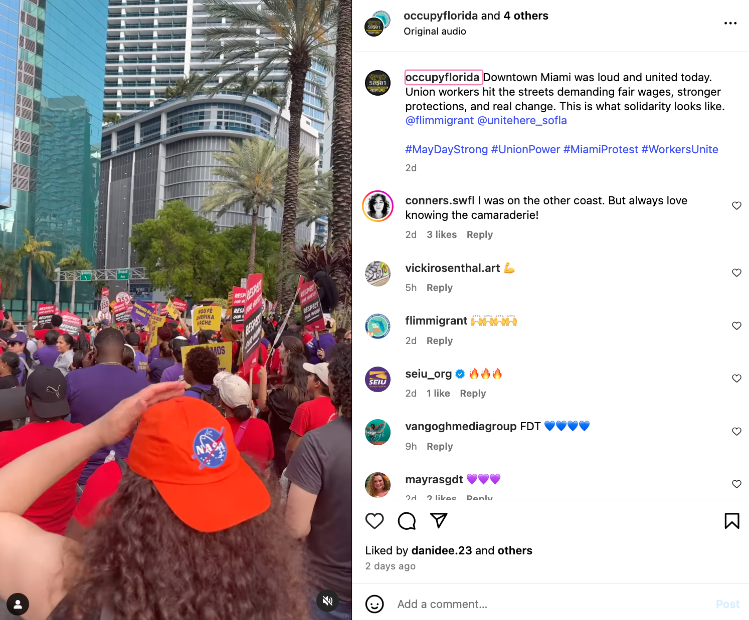 A crowd of union workers gathering for a May Day protest, holding signs with with messages like “Respect Us. Protect Us. Pay Us.” The caption from @occupyflorida highlights the solidarity of the event and tags union groups including @unitehere_sofla.