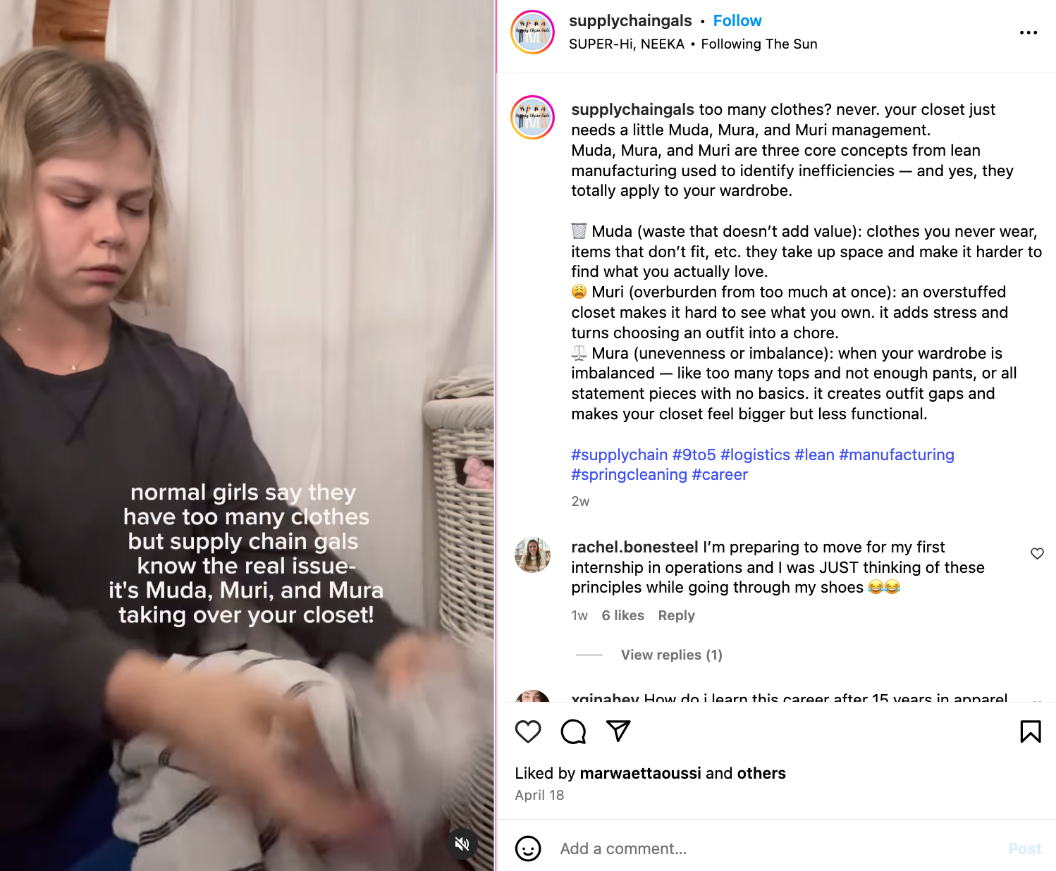 A young woman folding clothes in front of a curtain, with overlaid text that reads: "normal girls say they have too many clothes but supply chain gals know the real issue—it's Muda, Muri, and Mura taking over your closet!" The Instagram post by @supplychaingals encourages using these principles to make your wardrobe more functional.