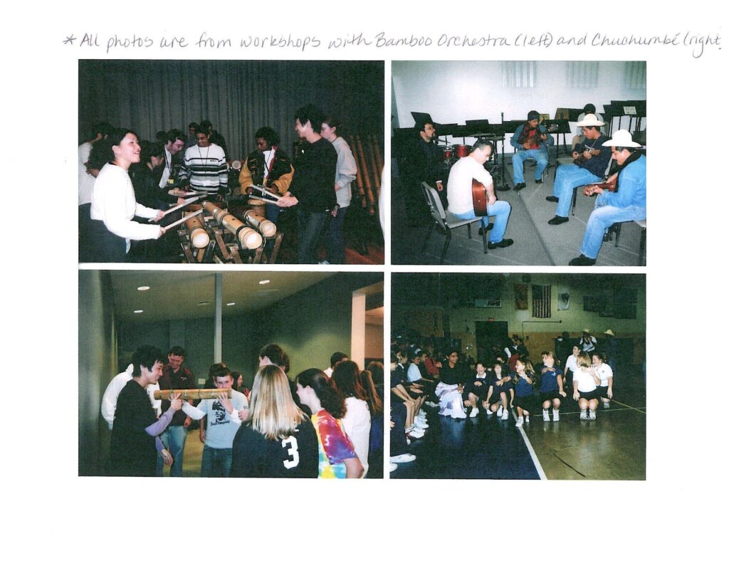 collage of four photos shows musicians from Chuchumbé and Bamboo Orchestra facilitating interactive workshops with students, involving bamboo instruments and guitar circles