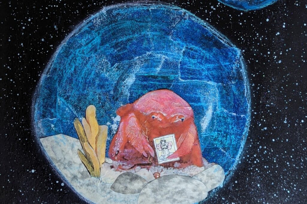 A mixed media piece of a crab holding a tarot card looking solemn as it floats within a bubble in space.