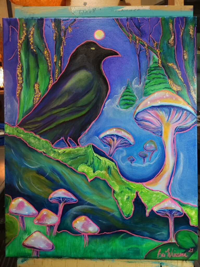 A large black raven perching on a green sloped forest floor with large pale mushrooms rising beneath an indigo night sky and small yellow moon.