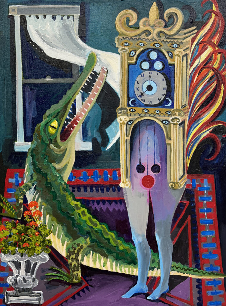 A green alligator standing on a blue-and-red patterned rug twists around to look at a grandfather clock set to 8:00 with purplish blue human legs, many blue eyes, and red flames burning its back. A white curtain flutters in the open window.