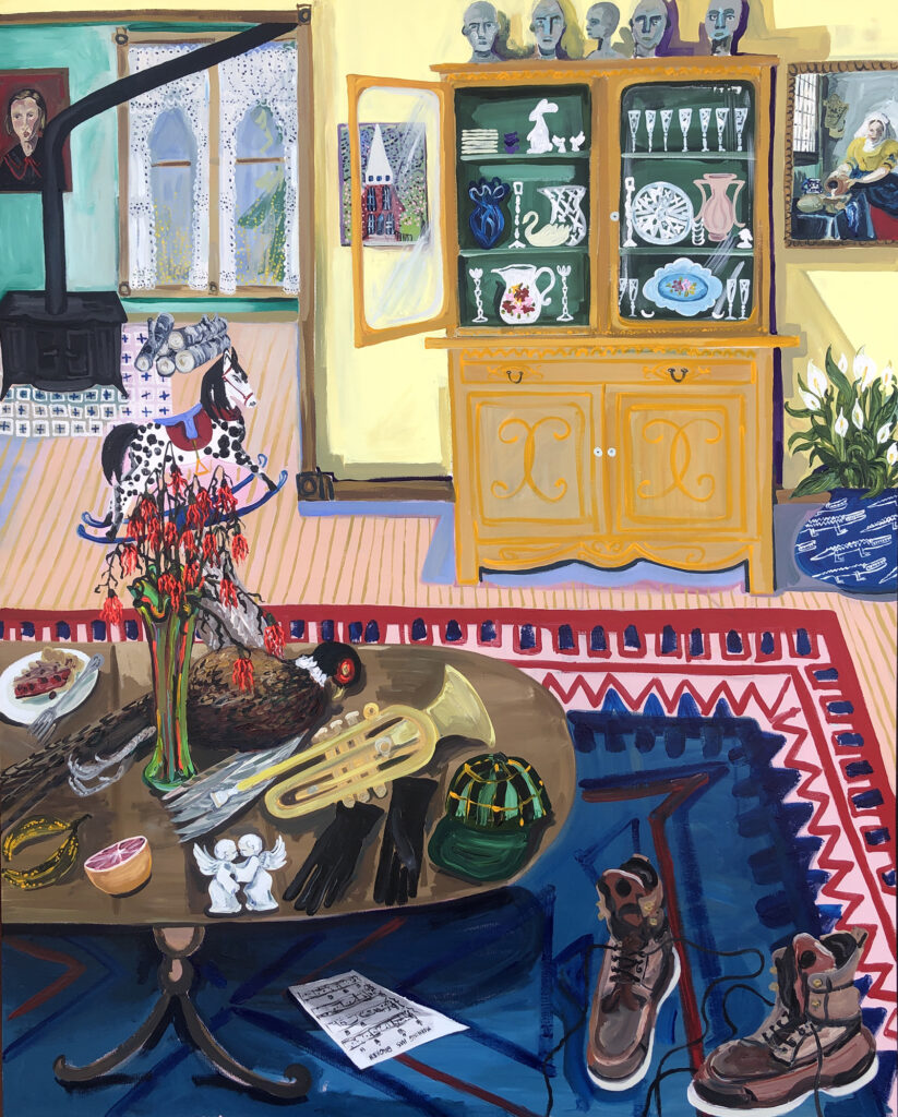A bright room with yellow walls, a red-and-blue patterned rug, a black-and-white rocking horse, an open china cabinet filled with pale dishes, and a low table covered with knickknacks including a cap, a pair of black gloves, a set of white china angels, a trumpet, a pheasant, a slice of pie, some fruit, and a vase of red flowers. There is a wood burning stove in the next room, with birch logs beside it.
