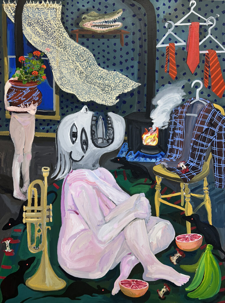 A naked figure with an abstract grayscale head sits on the floor surrounded by bananas, grapefruit halves, apple cores, a trumpet, and a chair with a plaid blazer on a hanger. A large black rat scurries in front of a wood-burning stove, which is on fire and smoking heavily. A headless figure stands in the back holding a large urn of red flowers. On the wall is a mounted alligator head and three red ties on hangers.