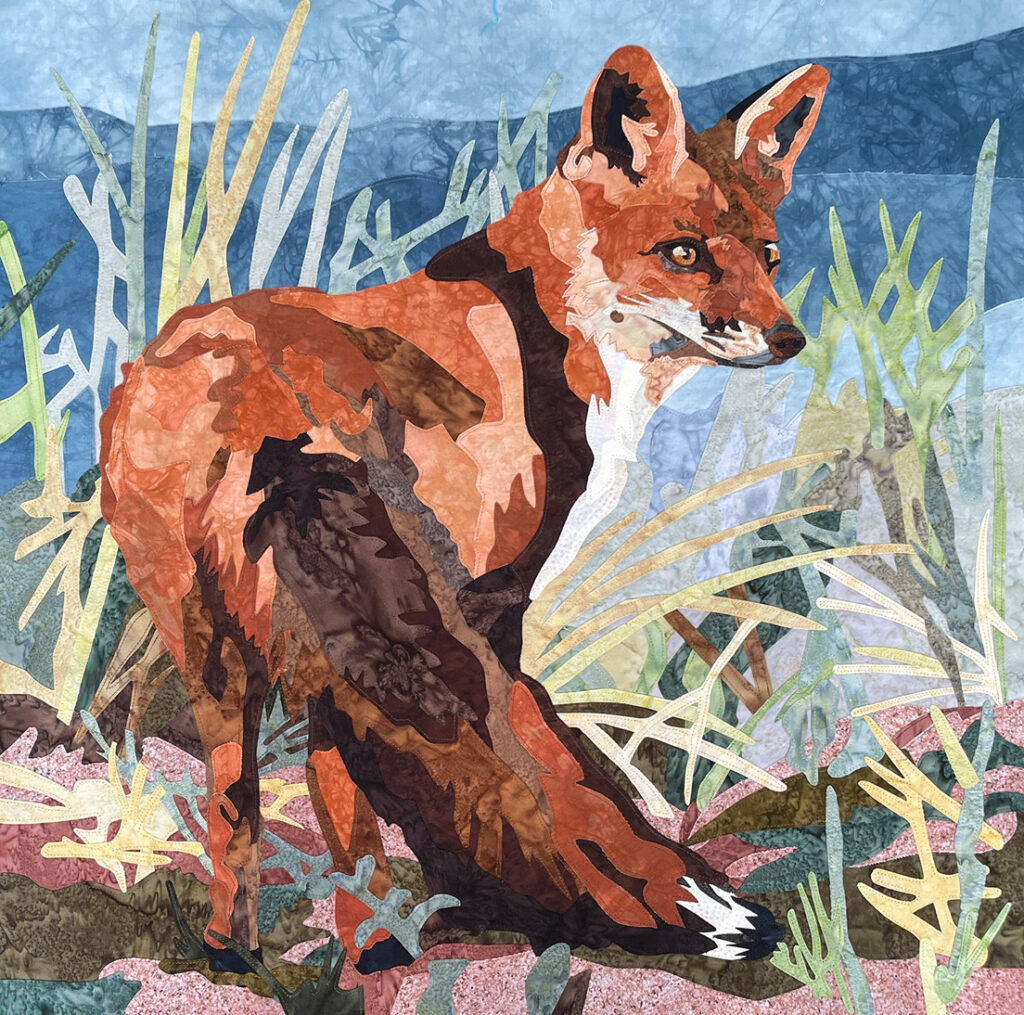 An orange-red fox with a bushy white-tipped tail stands amid green reeds on the shore of a lake as it turns over its right shoulder to look behind it.