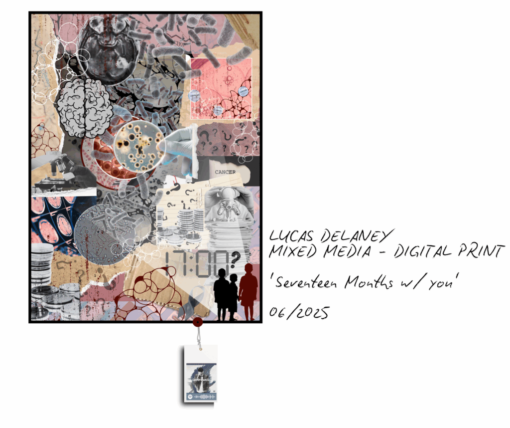 A collage of pale pink, gold, and gray that features microscopic cells, an x-ray of the skull, an illustration of the brain, silhouettes of children, the word "cancer," and a digital clock face that reads 17:00. A tag is attached at the bottom that leads to a Spotify link to the artist Tauren Wells.