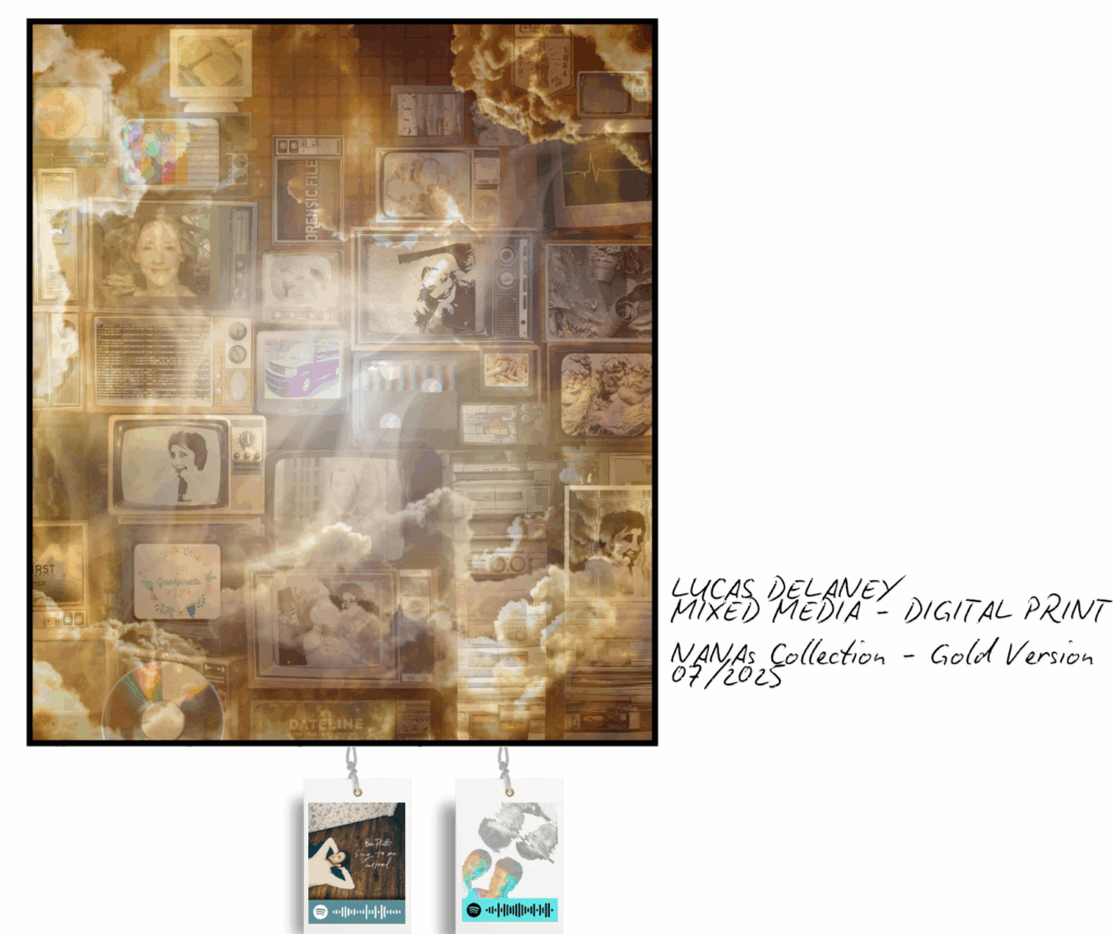 A collage of old-fashioned television and computer screens that show photographs of a woman interspersed with images of old cars and TV shows, filtered with gold and overlaid with translucent clouds. Two Spotify tags are attached with links to "Sing to Me Instead" by Ben Platt and an album with two rainbow-colored faces and two gray faces on it.