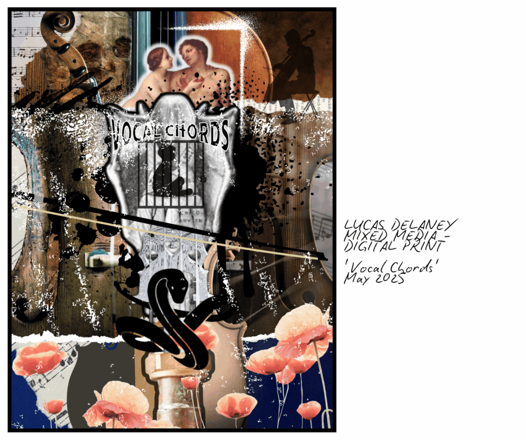 A collage of stringed instruments, a violin bow, pale pink flowers, sheet music, the figures Adam and Eve from a classical painting, and the words "Vocal Chords" above a silhouette of a child sitting behind bars.