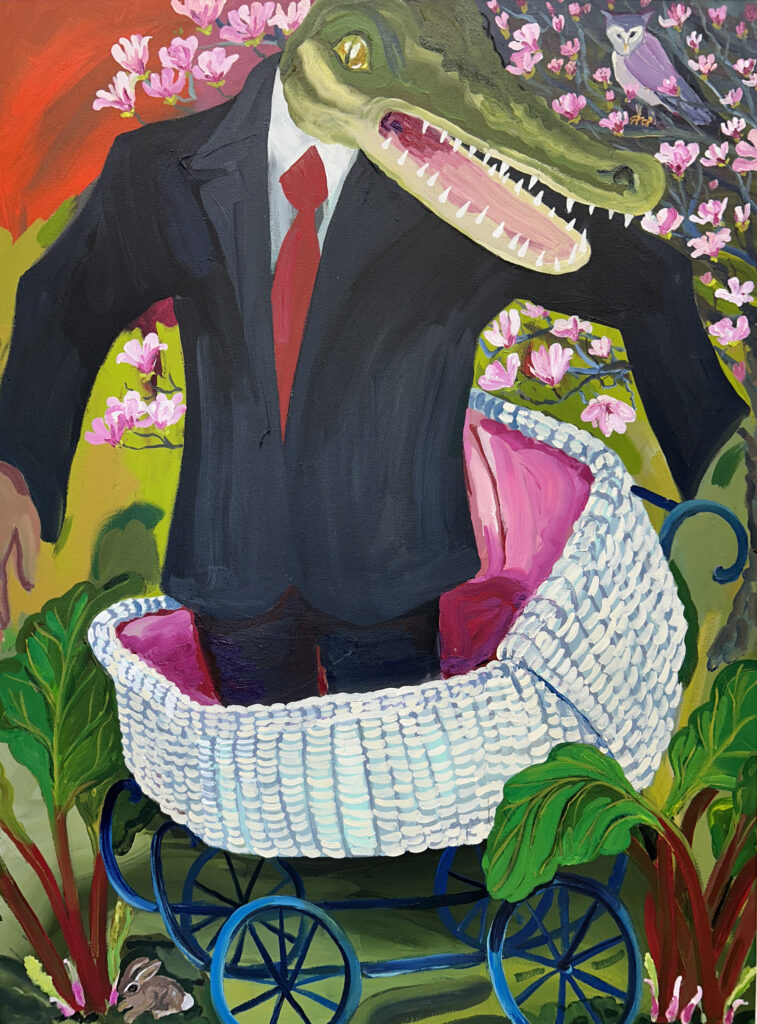 An alligator head on a human body in a black suit and red tie stands inside an old-fashioned white stroller, surrounded by leafy green plants and pink blossoms with a tiny brown rabbit near its front wheels.