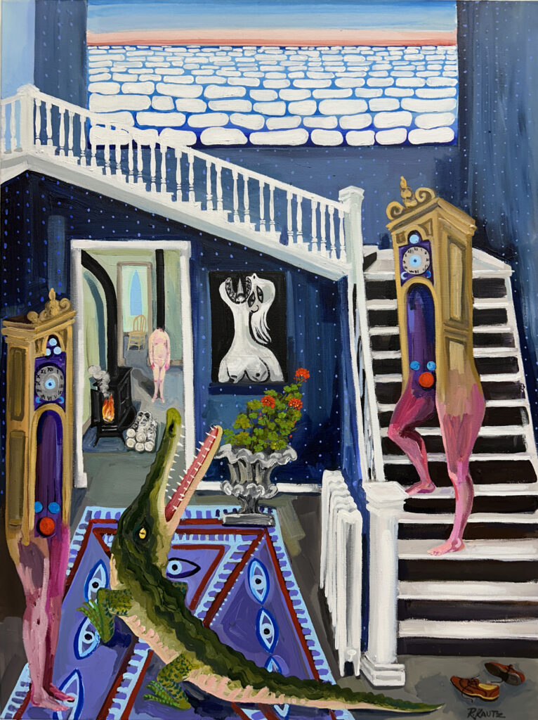 A gold grandfather clock with pink human legs descends a white staircase into a foyer where an alligator crouches on a patterned rug and another grandfather clock with human legs stands nearby. In the next room a headless naked figure stands behind a wood burning stove and a stack of birch logs.