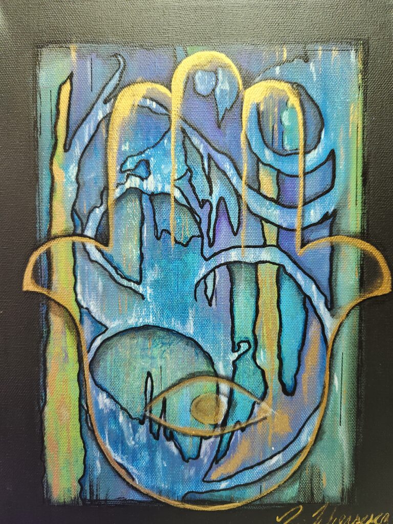 A gold outline of a large hamsa amulet, shaped like a hand with an eye in its palm, overlaying an abstract scene of blue, gold, green, and purple streaks.