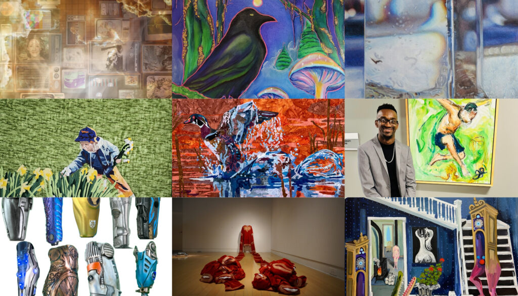 A colorful 9-panel collage of different art work, including quilts, artificial limbs, paintings, and more.