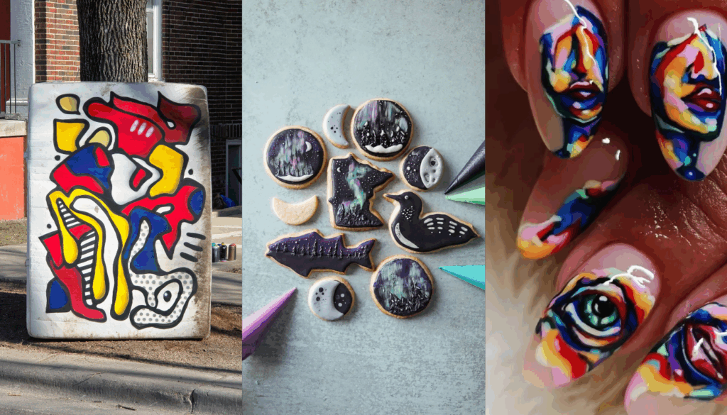Three images of art on a mattress, cookies, and fingernails.