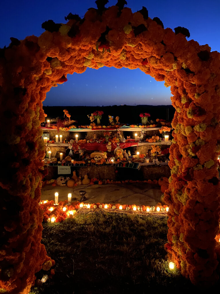 An archway of marigolds frames a glowing altar at night, covered with candles, flowers, and offerings for Día de Muertos.