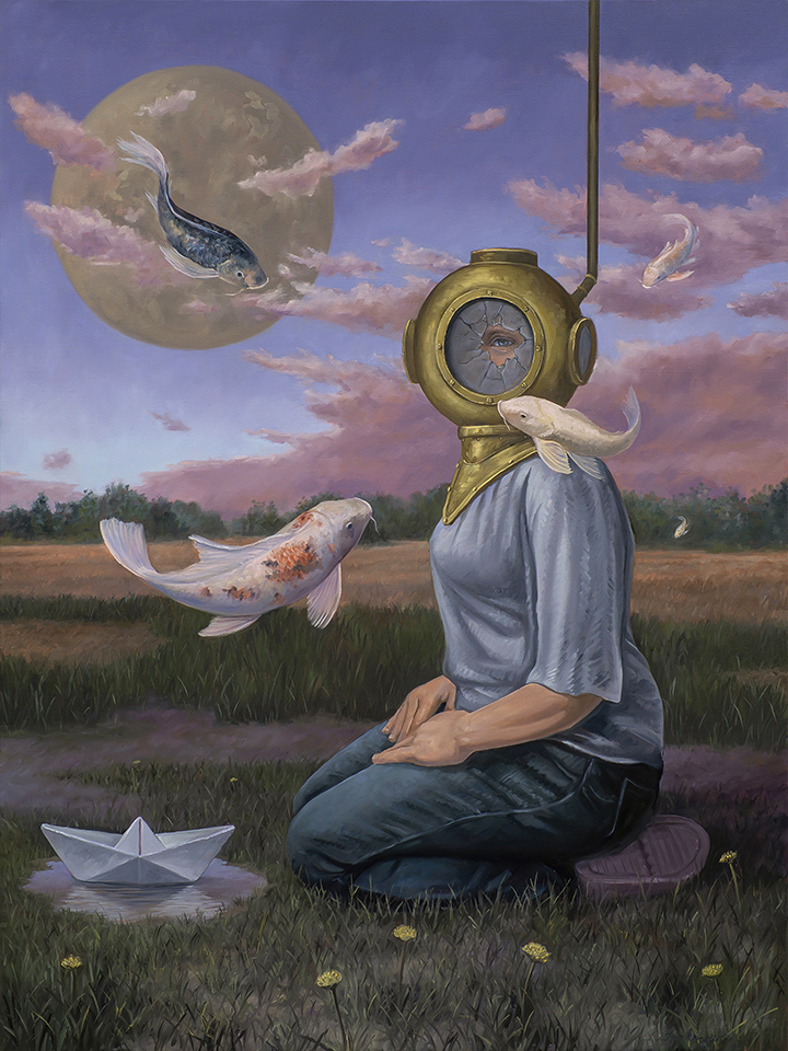 A painting of a person in a scuba helmet with koi fish and a cloudy sky.
