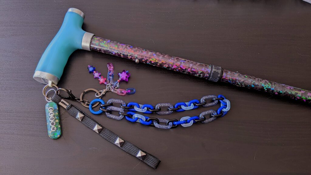 A cane with colorful decorations.