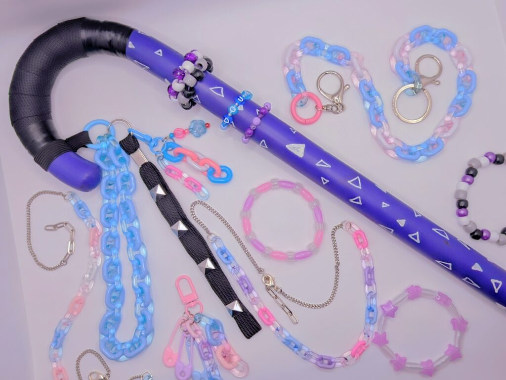 A decorated black cane.