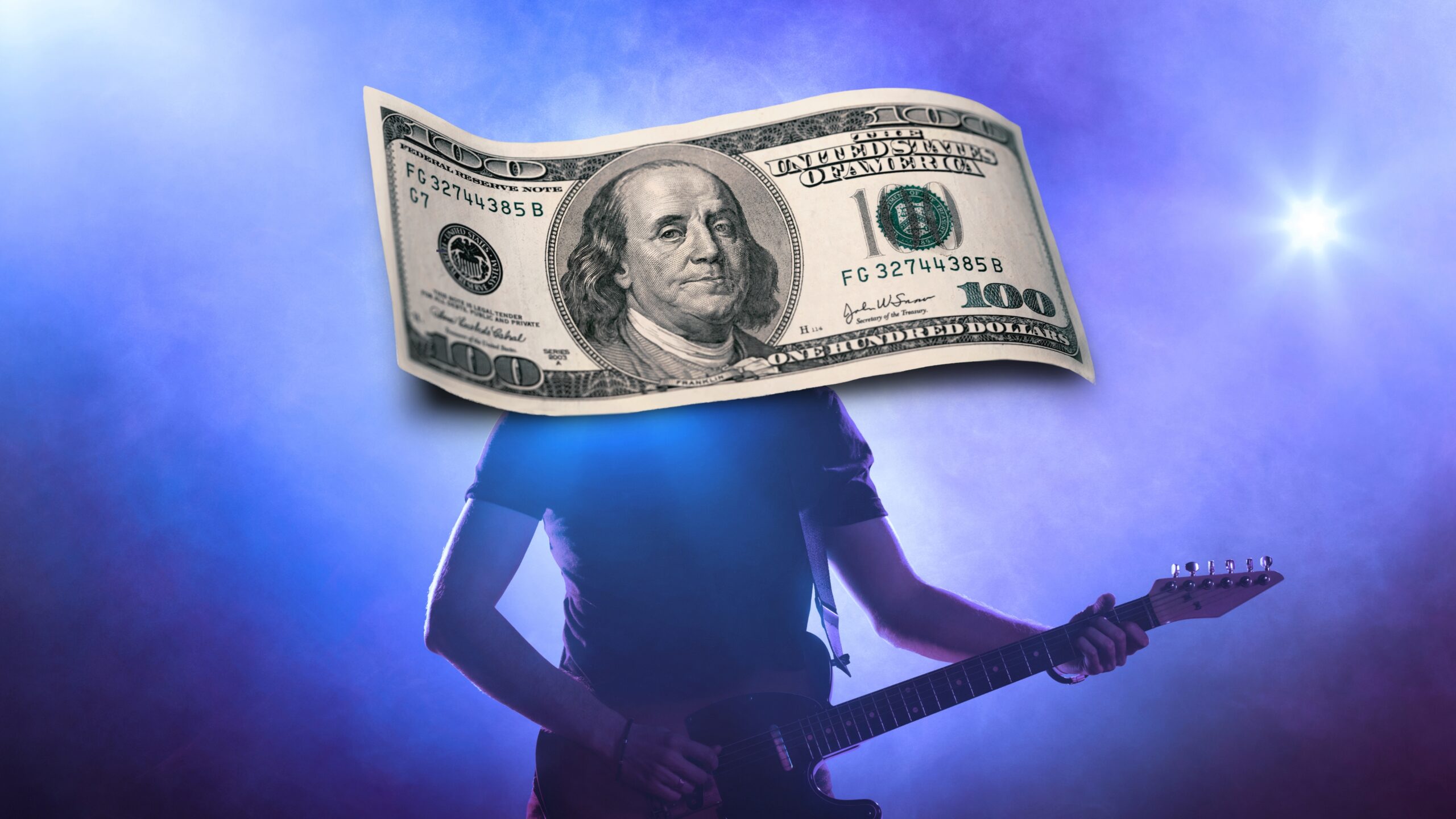 A collage of a musician with a dollar bill superimposed on their head.